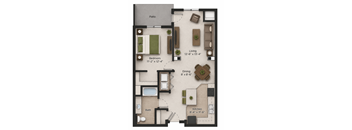 A floor plan of a small apartment with a living room, dining room, kitchen, bedroom, and bathroom.