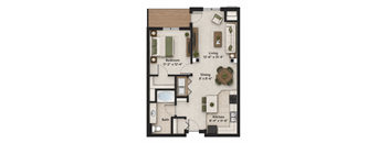 A floor plan of a small apartment with a living room, dining room, kitchen, and bathroom.