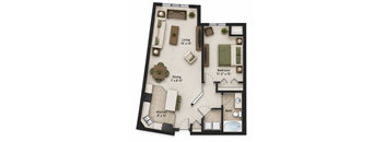A floor plan of a small apartment with a living room, dining room, kitchen, and bathroom.