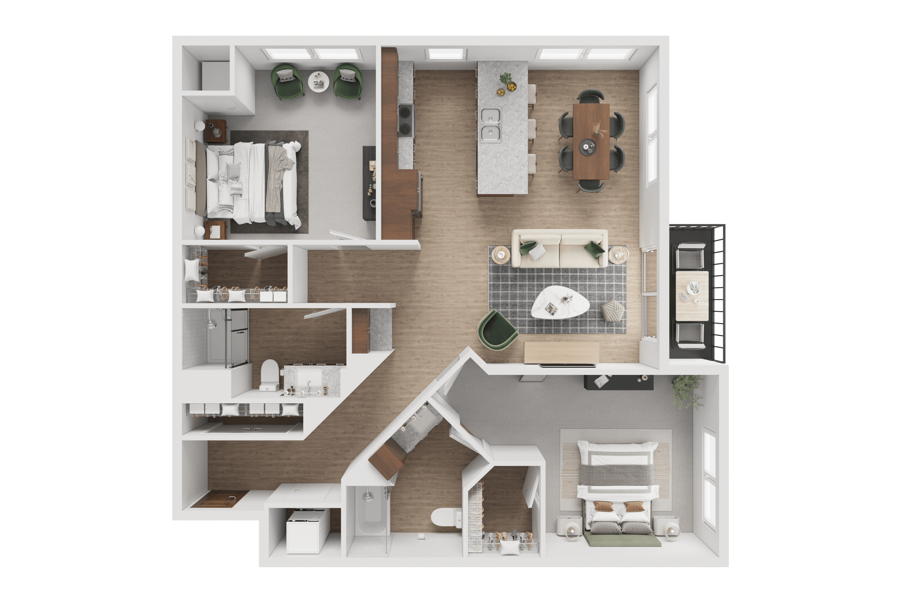 A detailed 3D floor plan of a house layout.