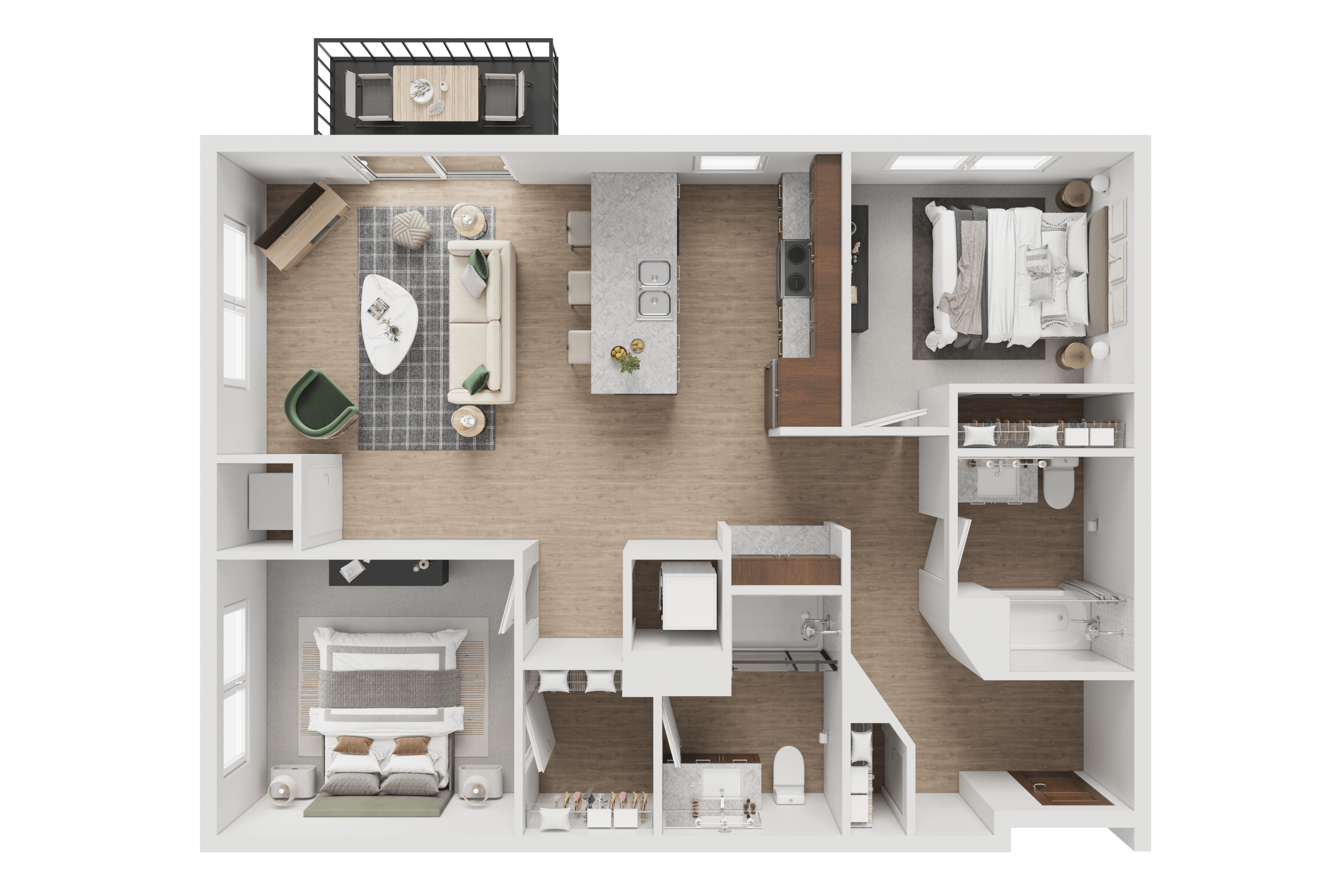 A detailed 3D floor plan of a residential apartment layout.