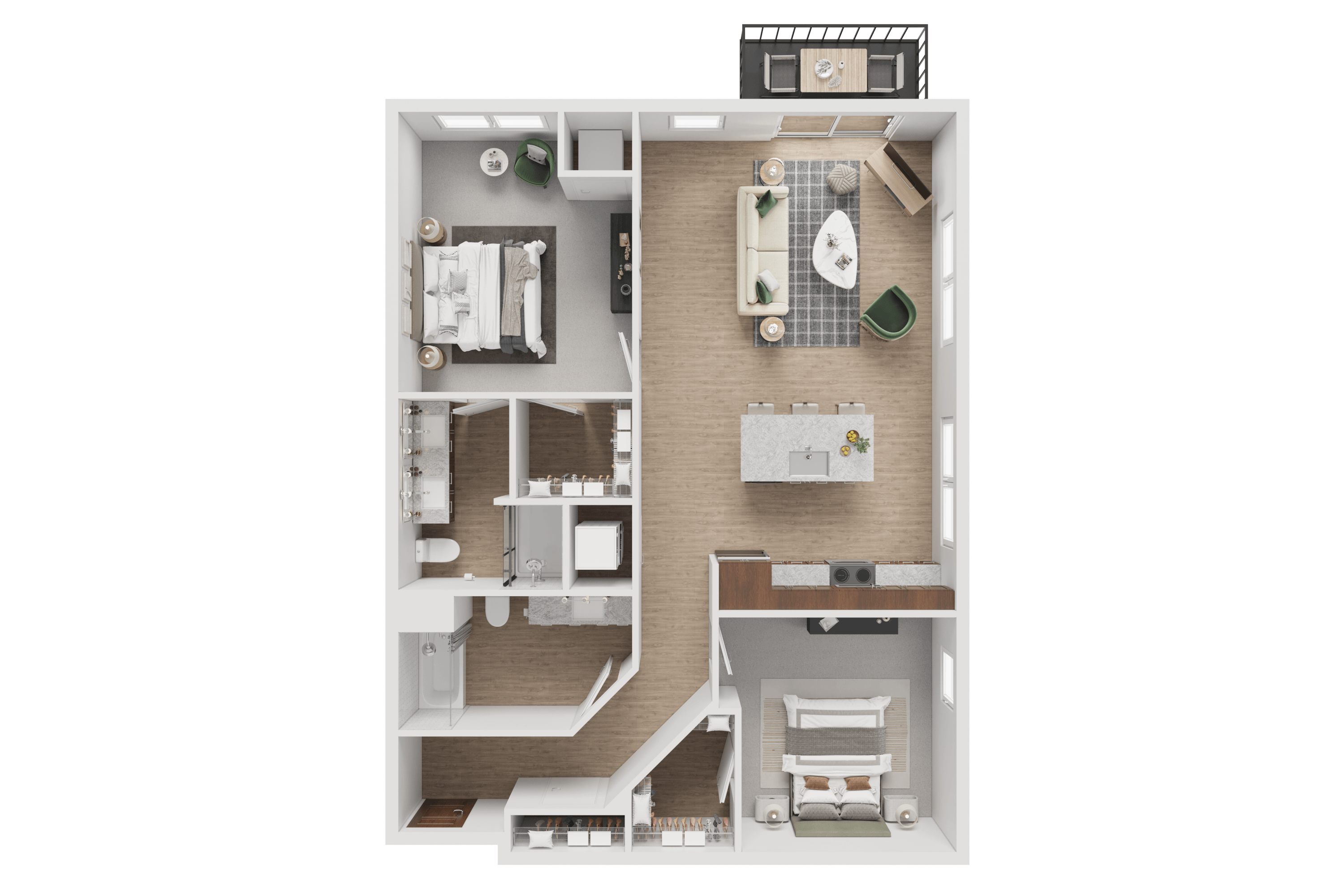 A detailed floor plan of a small apartment with a kitchen, living room, and bathroom.