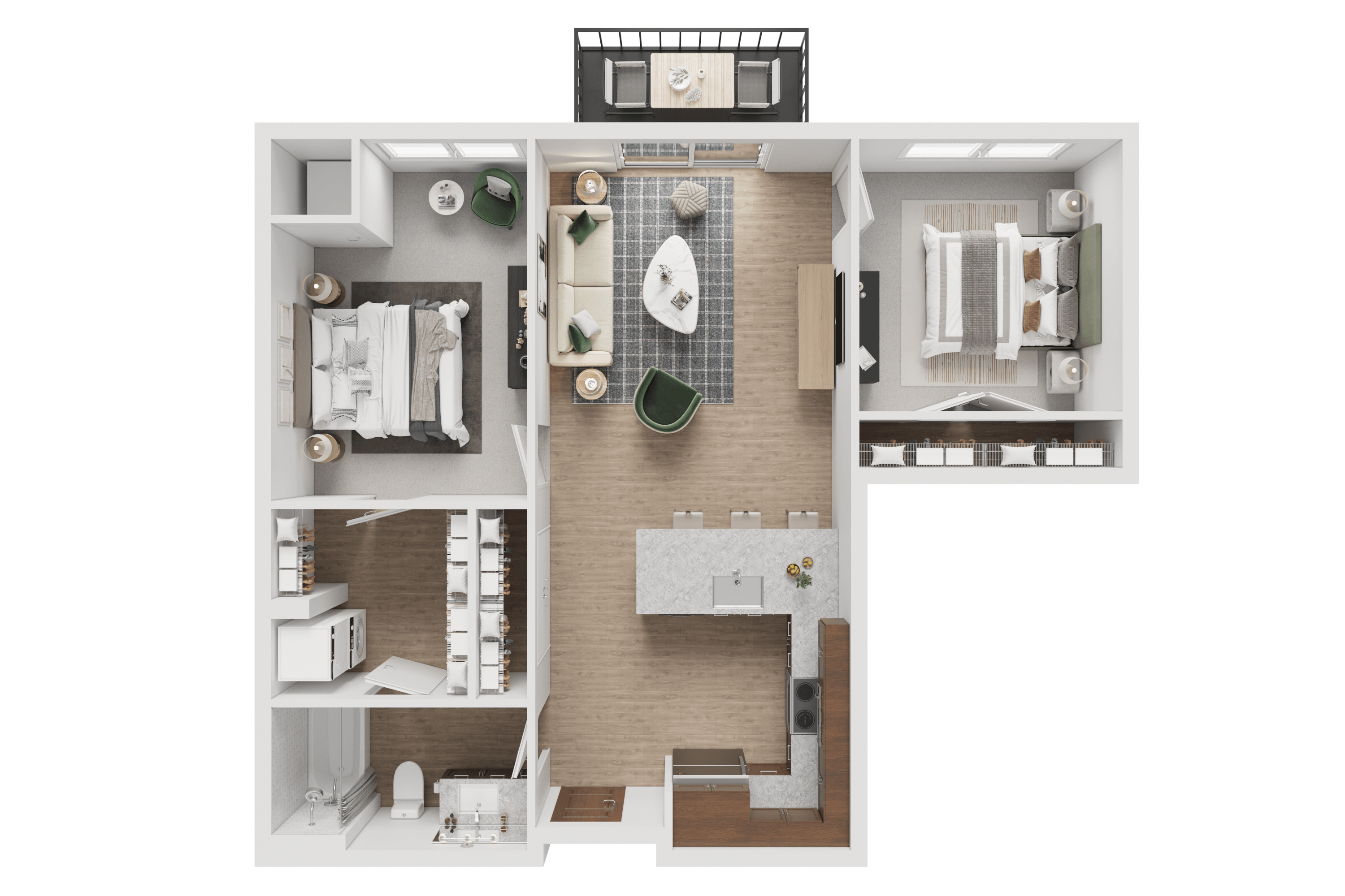 A detailed 3D floor plan of a small apartment layout.