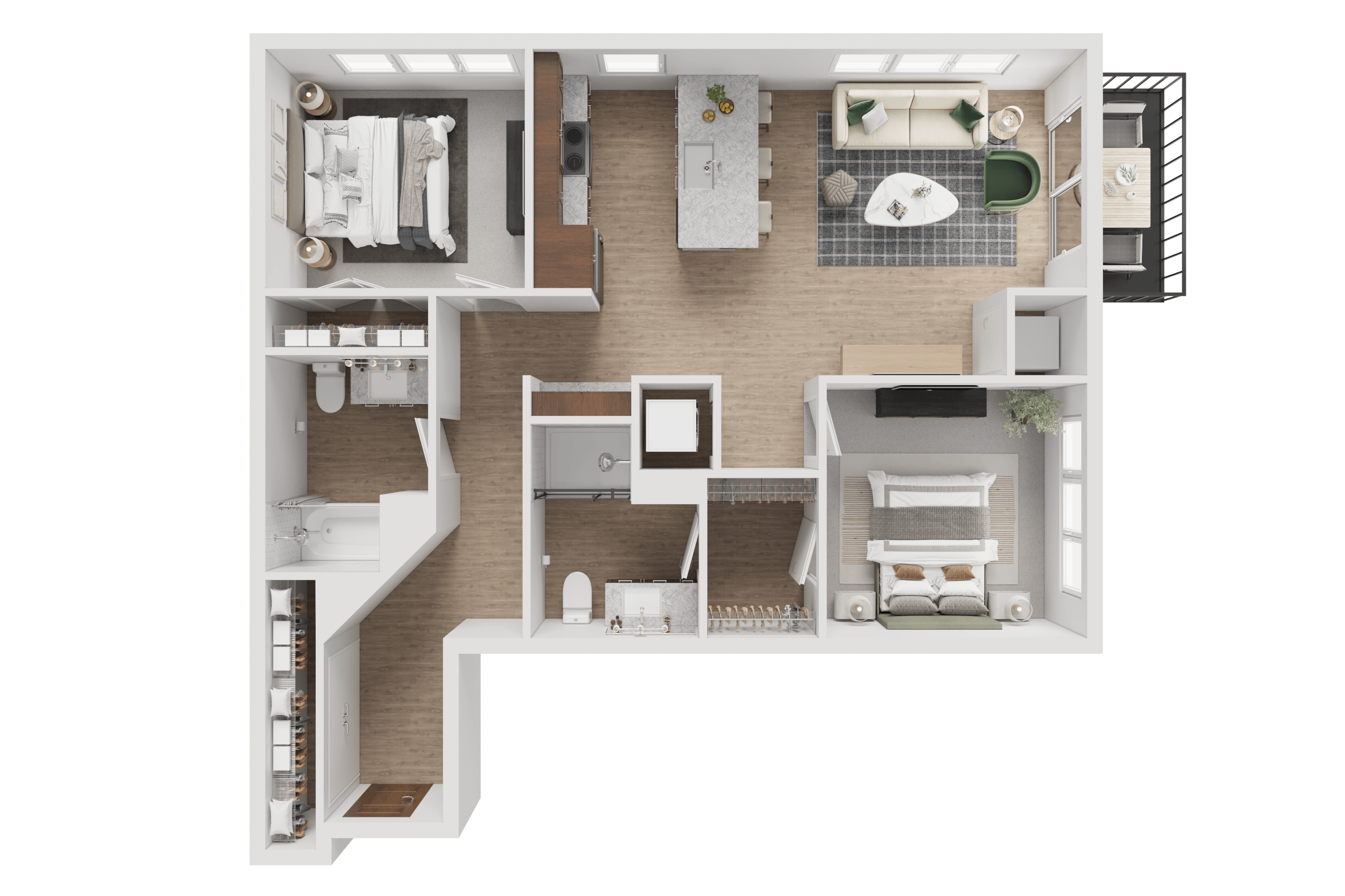 A 3D floor plan of a house with a kitchen, living room, two bedrooms, and a bathroom.