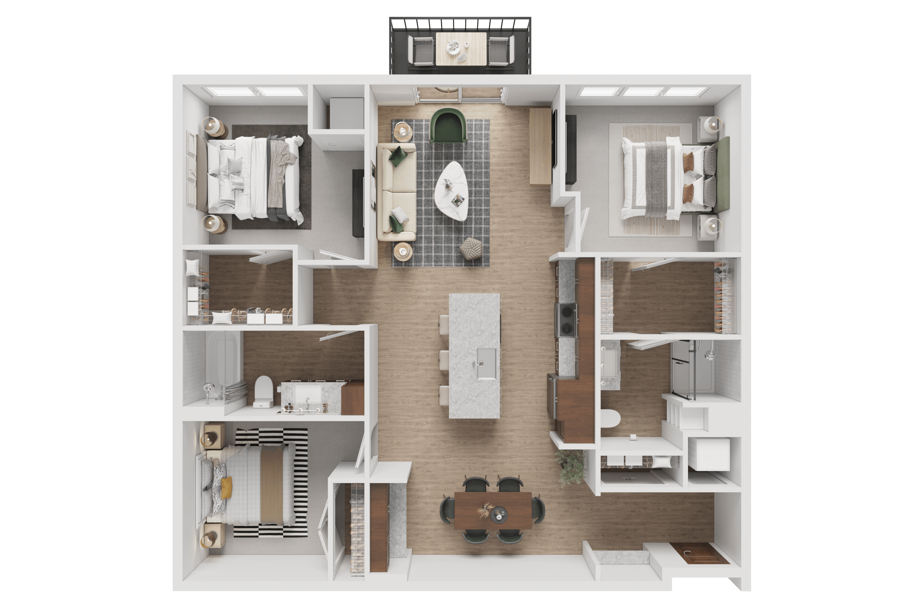 A 3D floor plan of a house with a kitchen, living room, and two bedrooms.