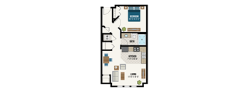 A floor plan of a small apartment with a bedroom, bath, kitchen, and living room.