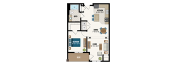 A floor plan of a small apartment with a kitchen, bathroom, dining area, bedroom, and living room.