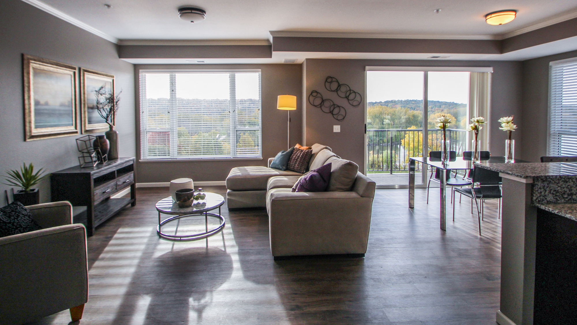 a living room with a view  at Victoria Park and V2 Apartments, Minnesota, 55102