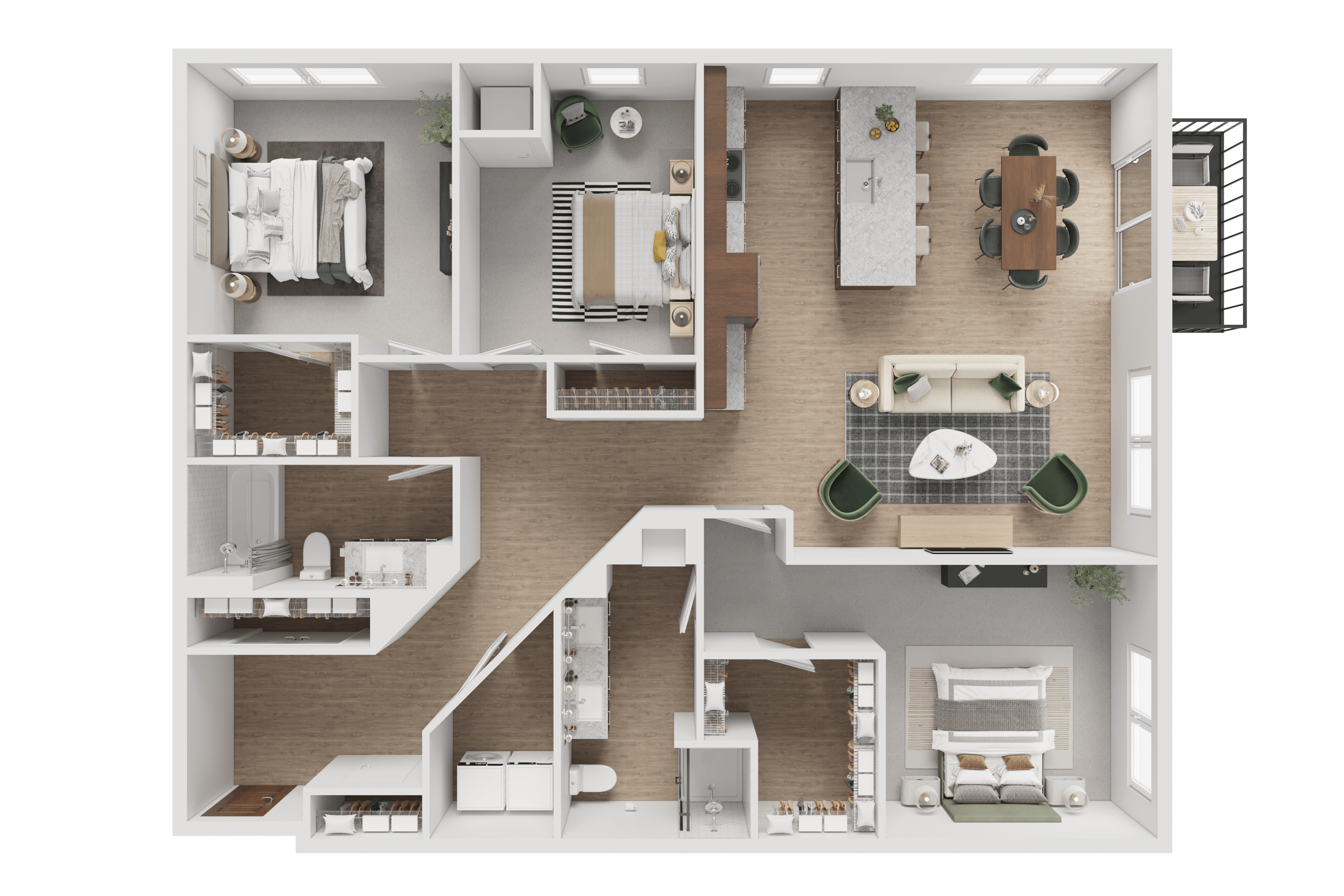 A detailed 3D floor plan of a modern apartment layout.