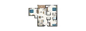A floor plan of a house with a deck, two bedrooms, a living room, a dining area, a kitchen, and a bathroom.