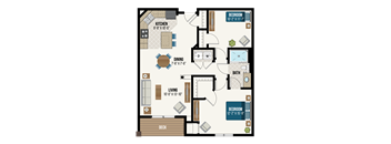 A floor plan of a house with a kitchen, living room, dining room, two bedrooms, a bathroom, and a deck.