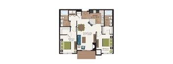2 bedroom floor plan with central living area at The Communities of River Crossing Apartments, Saint Paul, MN 55116