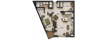 A floor plan of a house with a den, dining room, kitchen, living room, bedroom, and deck.