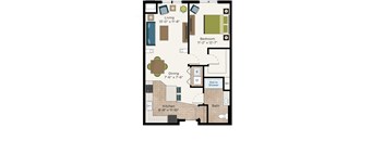 A floor plan of a small apartment with a living room, dining room, kitchen, and bathroom.