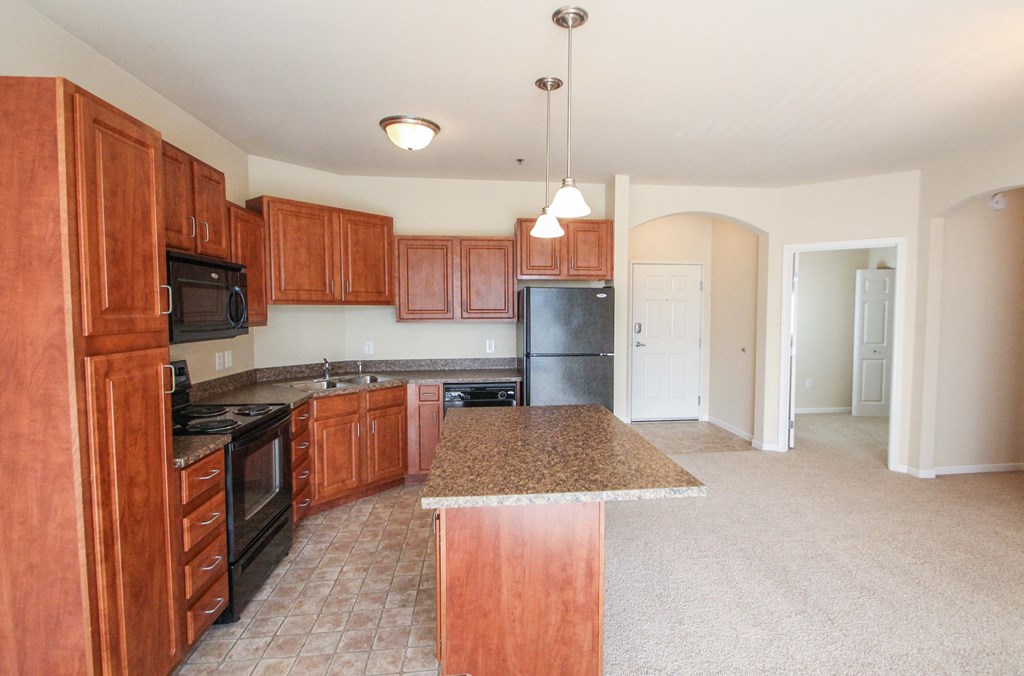 a kitchen with wood cabinets and black appliances