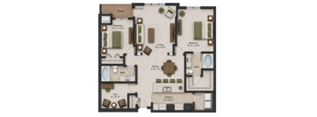 A floor plan of a house with a deck, two bedrooms, a living room, a dining room, a kitchen, a den, and two bathrooms.