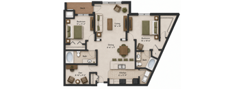 A floor plan of a house with a deck, two bedrooms, a living room, a dining room, a kitchen, a bathroom, and a den.