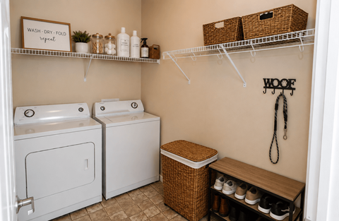 A laundry room with a washer and dryer, a basket, and a shelf with bottles.