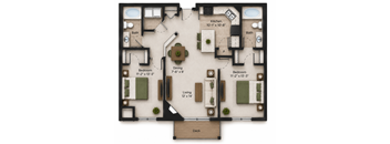 A floor plan of a small apartment with two bedrooms, a living room, a dining room, a kitchen, and two bathrooms.