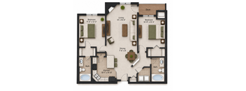 A floor plan of a house with a deck, two bedrooms, a living room, a dining room, a kitchen, and two bathrooms.