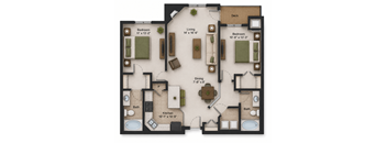 A floor plan of a house with two bedrooms, a living room, a dining room, a kitchen, and two bathrooms.