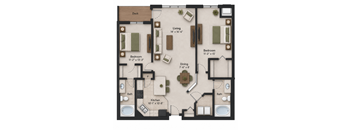 A floor plan of a house with a living room, two bedrooms, a dining room, a kitchen, and two bathrooms.