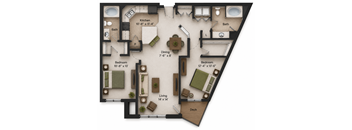 A 3D floor plan of a house with a kitchen, dining area, two bedrooms, a bathroom, and a deck.