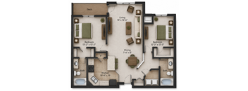 A floor plan of a house with a deck, two bedrooms, a living room, a dining room, a kitchen, and two bathrooms.