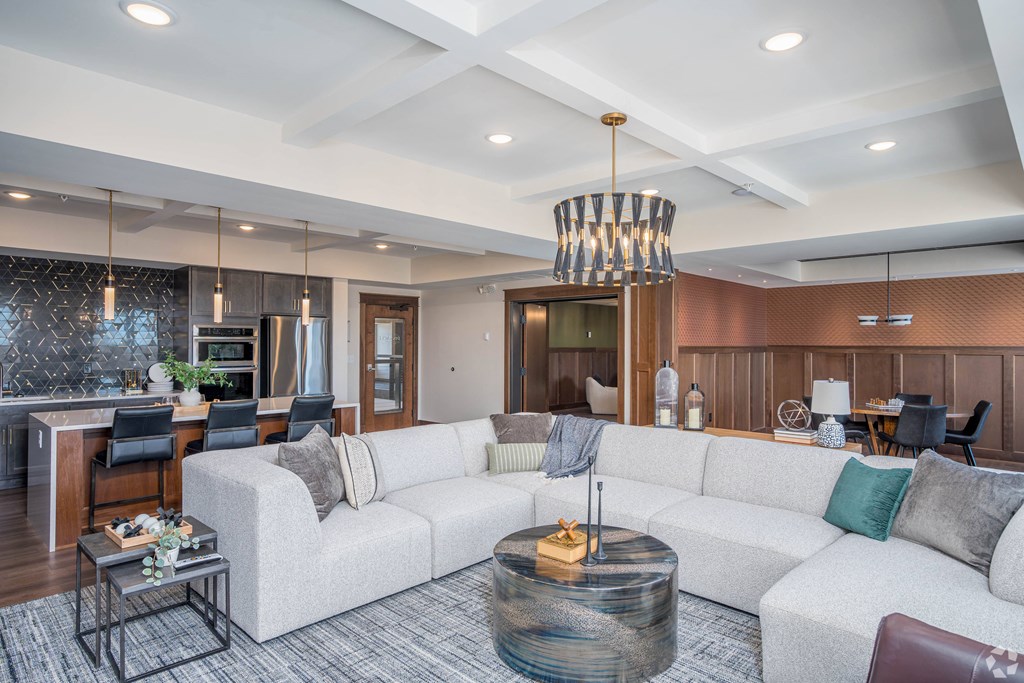 a living room with a couch and a table