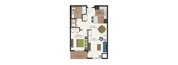 A floor plan of a small apartment with a living room, dining room, kitchen, and bathroom.