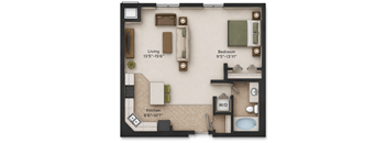 A floor plan of a small apartment with a living room, kitchen, and bedroom.