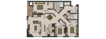 A floor plan of a house with a deck, two bathrooms, a dining area, a living room, and three bedrooms.