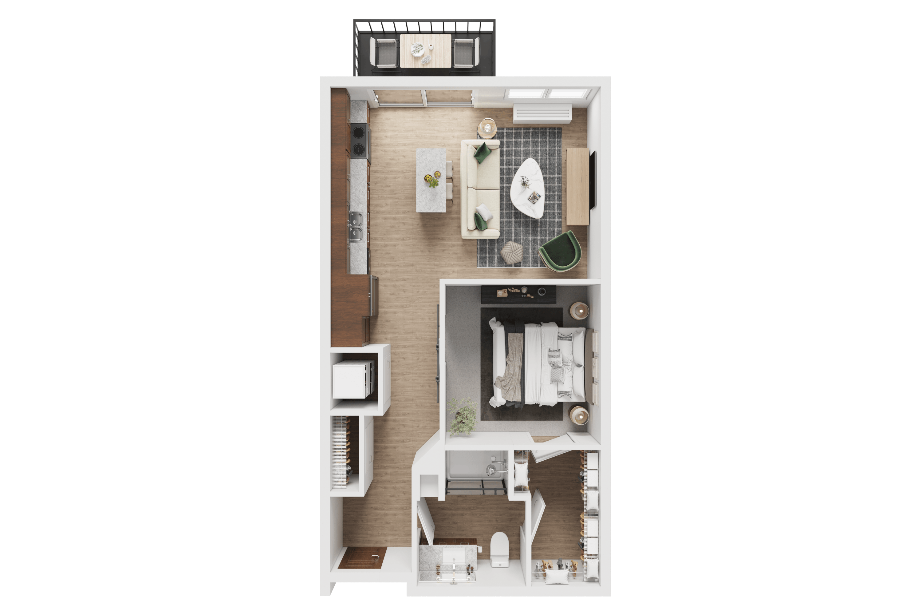 A detailed floor plan of a small apartment with a kitchen, living room, and bathroom.