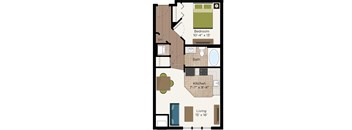 A floor plan of a small apartment with a bedroom, bathroom, kitchen, and living room.