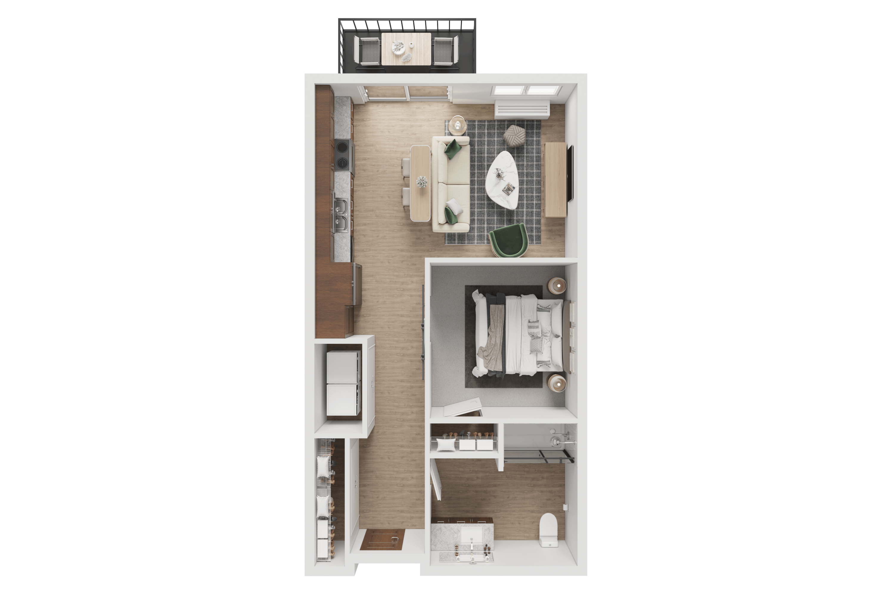 A floor plan of a small apartment with a kitchen, living room, and bathroom.
