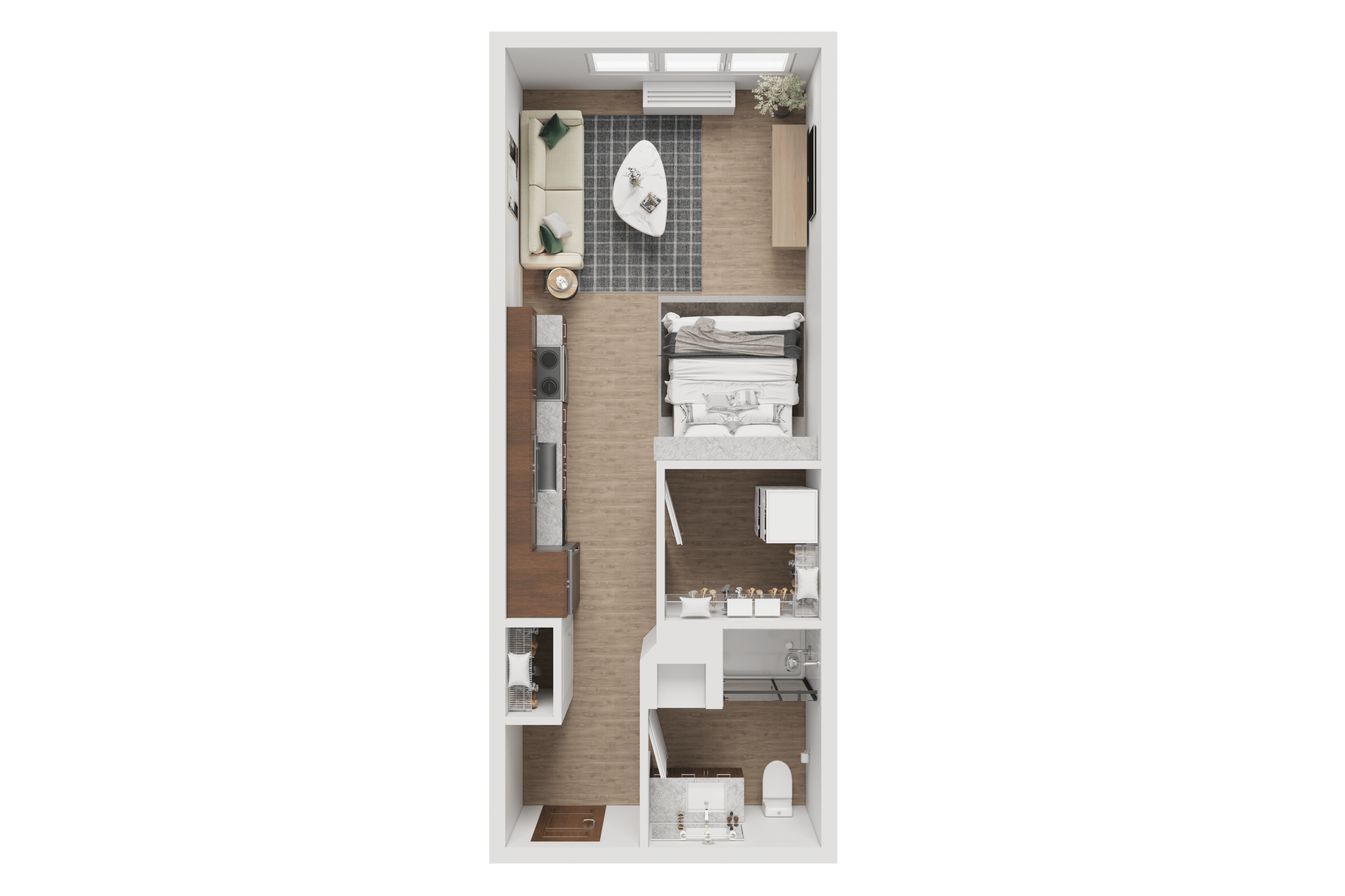 A floor plan of a small apartment with a kitchen, living room, and bathroom.