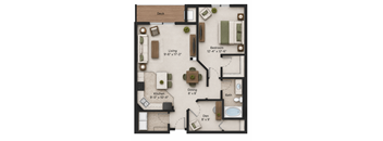 A floor plan of a house with a deck, living room, kitchen, dining room, bedroom, bathroom, and den.