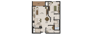 A floor plan of a house with a deck, living room, kitchen, dining room, bedroom, bathroom, and den.