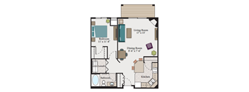 A floor plan of a small apartment with a living room, dining room, kitchen, bedroom, and bathroom.