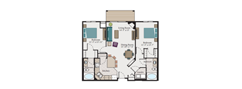 A floor plan of a house with a living room, two bedrooms, a dining room, a kitchen, a bathroom, and a laundry area.