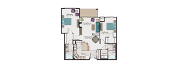 A floor plan of a house with a living room, dining room, kitchen, two bedrooms, and two bathrooms.
