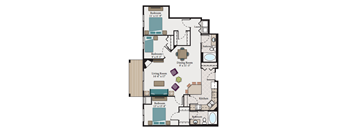 A floor plan of a house with a living room, two bedrooms, a dining room, a kitchen, and two bathrooms.