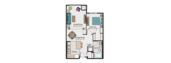 A floor plan of a small apartment with a living room, dining room, kitchen, and bathroom.
