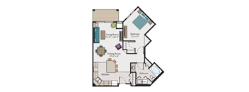 A floor plan of a house with a living room, dining room, kitchen, bathroom, bedroom, and laundry room.