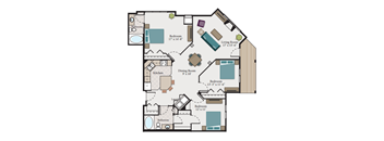 A floor plan of a house with a living room, two bedrooms, a kitchen, a dining room, and two bathrooms.