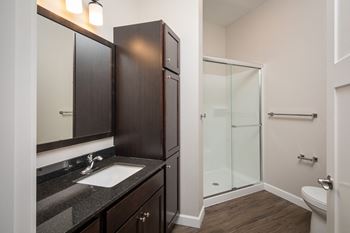 a bathroom at homewood suites by hilton houston stafford sugar landat The Carver Apartments, Chaska