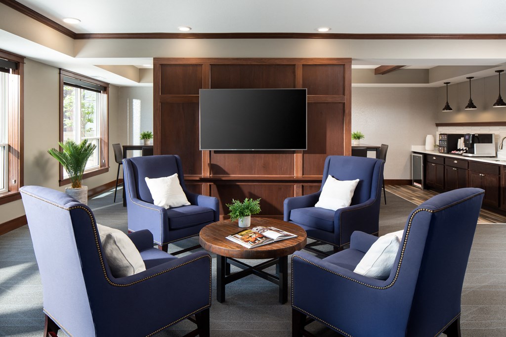 community room filled with furniture and a flat screen tv  at Victoria Park and V2 Apartments, Minnesota