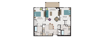 A floor plan of a small apartment with a living room, two bedrooms, a kitchen, a bathroom, and a laundry area.