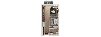 a stylized floor plan with a bedroom and a living room