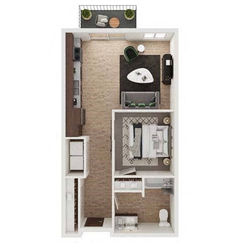 a stylized floor plan with a bedroom and a living room